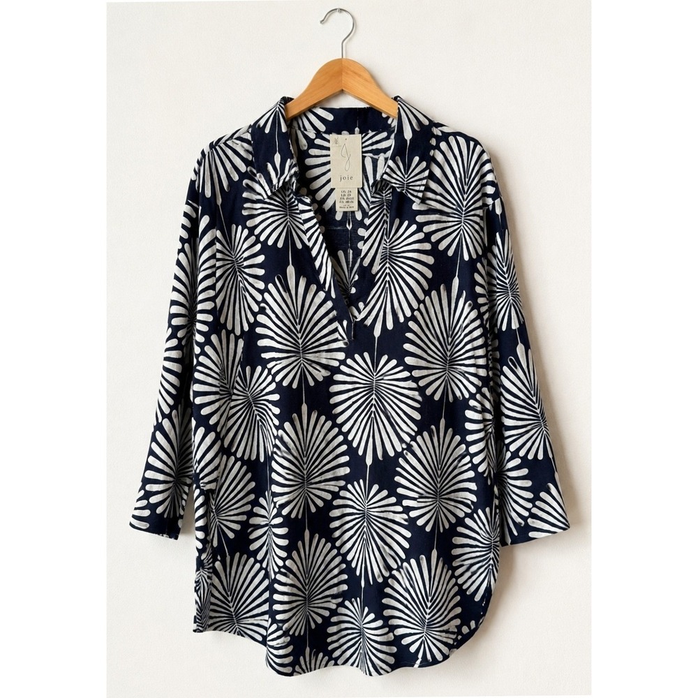 Joie Palm Print Tunic Women 2X Blue White NWT Linen Blend Preppyโ Boho Floral